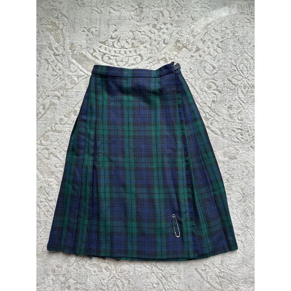 Vintage Women's Tartan Plaid Pleated Wool Kilt Skirt Black Watch XS 0 - Picture 2 of 8
